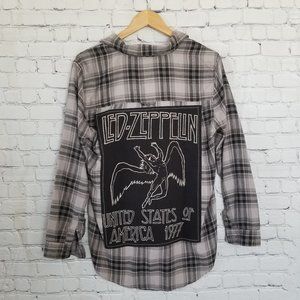 Upcycled Led Zeppelin Plaid Shirt L Gray Black